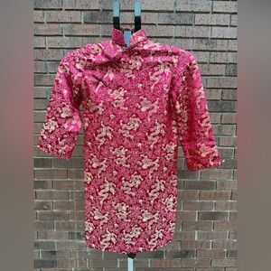 Chinese Vietnamese Traditional Dress Child Size 8 Ao Dai Brocade Red Gold VTG